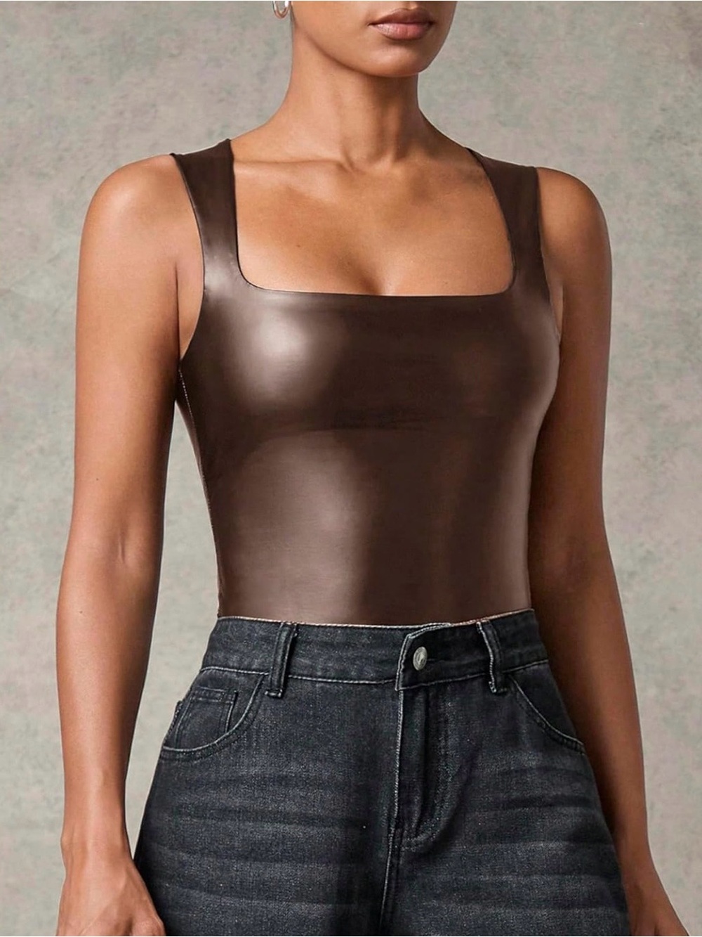 Wdirara Brown PU Leather Bodysuit Tank Top Square Neck Sleeveless XXL NWT